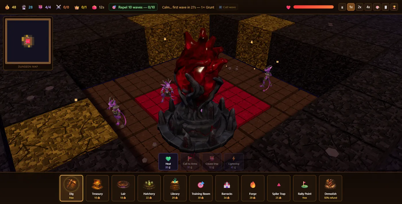 The game in play: the Dungeon Heart on red claimed floor, imps standing nearby, a gold seam in the rock, the resource HUD along the top and the room toolbar along the bottom.